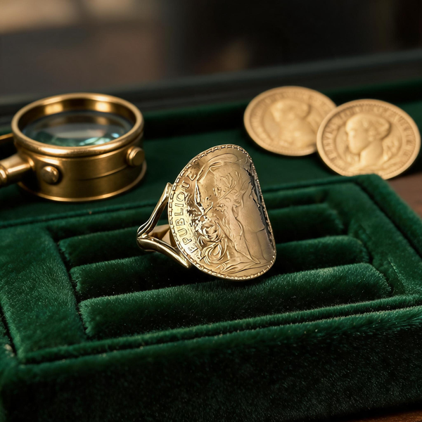Chevalière Coq Français en or née d'une pièce 20 francs Coq, posée sur un plateau de numismate avec loupe et pièces d'or anciennes, Moneta Créations