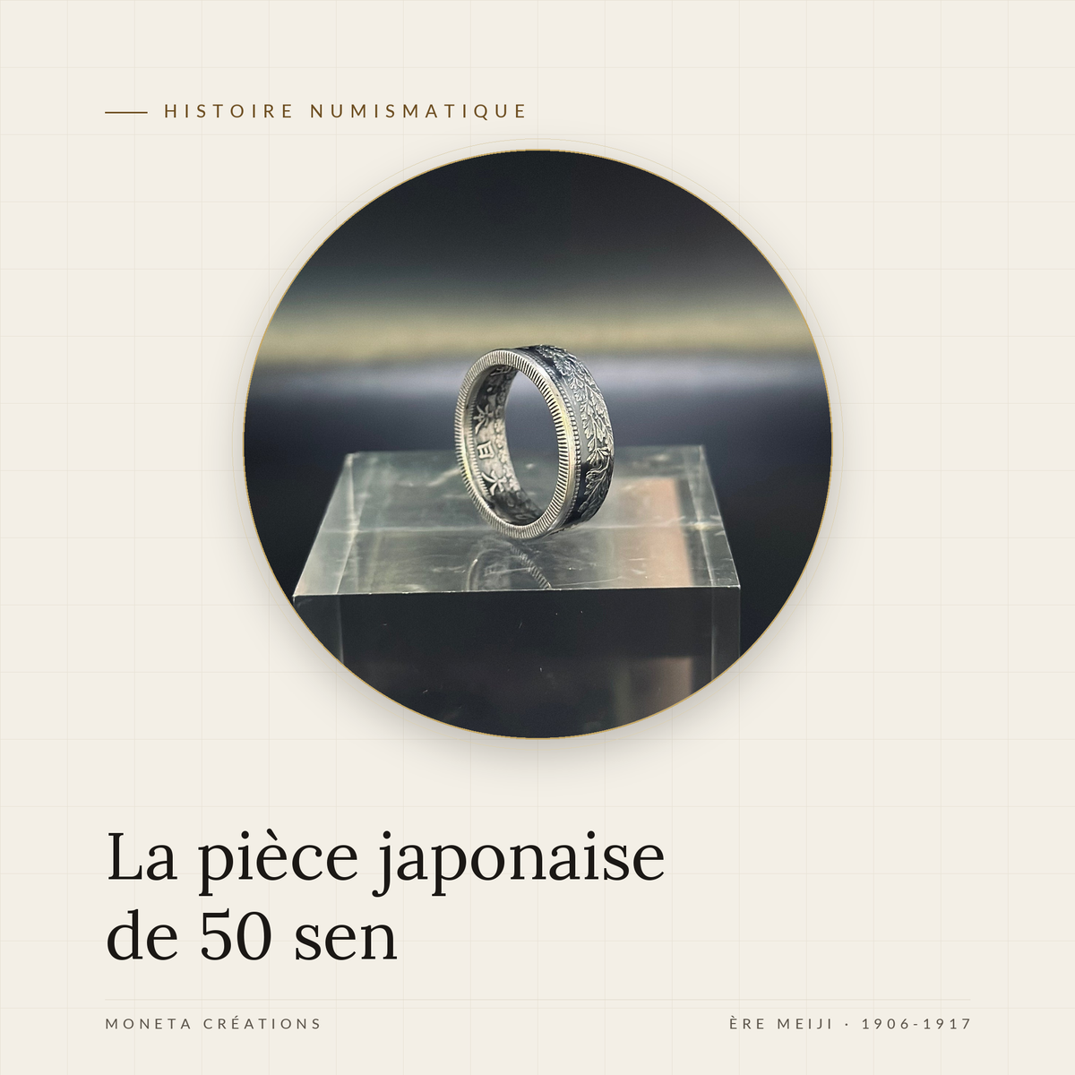 Bague La Soleil levant en argent, forgée dans une pièce japonaise de 50 sen, Moneta Créations