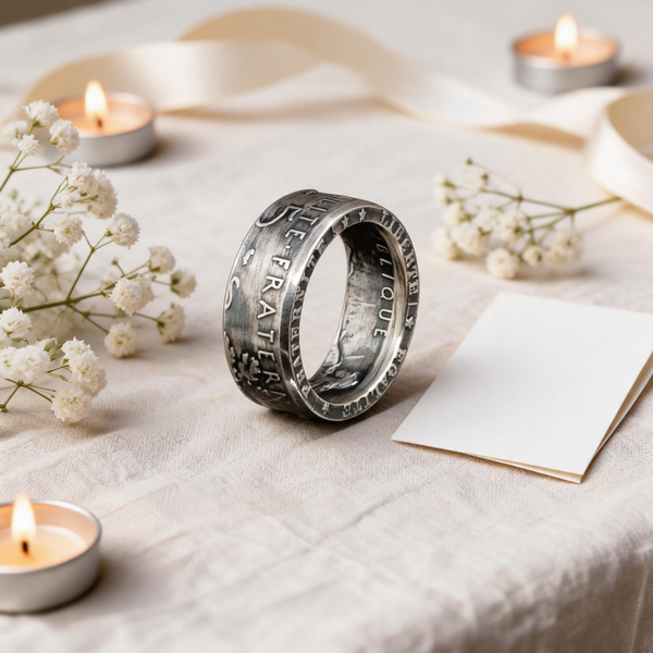 Bague La Semeuse en argent née d'une pièce 5 francs, posée sur une table de mariage en lin ivoire, alliance originale Moneta Créations