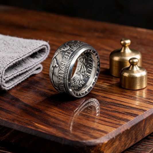 Bague La Hercule en argent 900 millièmes posée sur un établi de bijoutier, entre un chiffon de polissage et de petits poids en laiton, pour comparer l'argent 900 et l'argent 925, Moneta Créations
