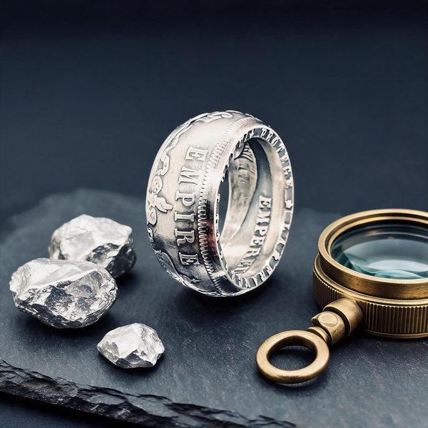 Bague La Napoléon en argent 900 millièmes posée près de grenailles d'argent brut, Moneta Créations