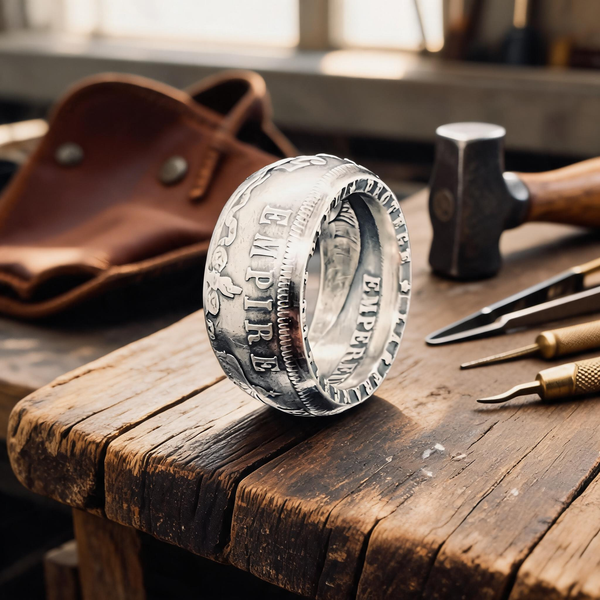 Bague La Napoléon en argent posée sur l'établi en bois de l'atelier Moneta Créations à Broons, en Bretagne, avec tablier de cuir et outils de bijoutier