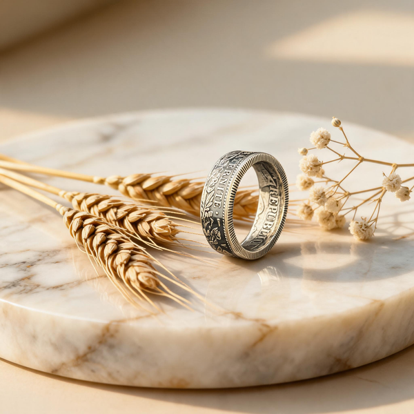 Bague pour femme en argent La Cérès, forgée dans une pièce de 2 Francs Cérès, posée sur un plateau de marbre clair, Moneta Créations