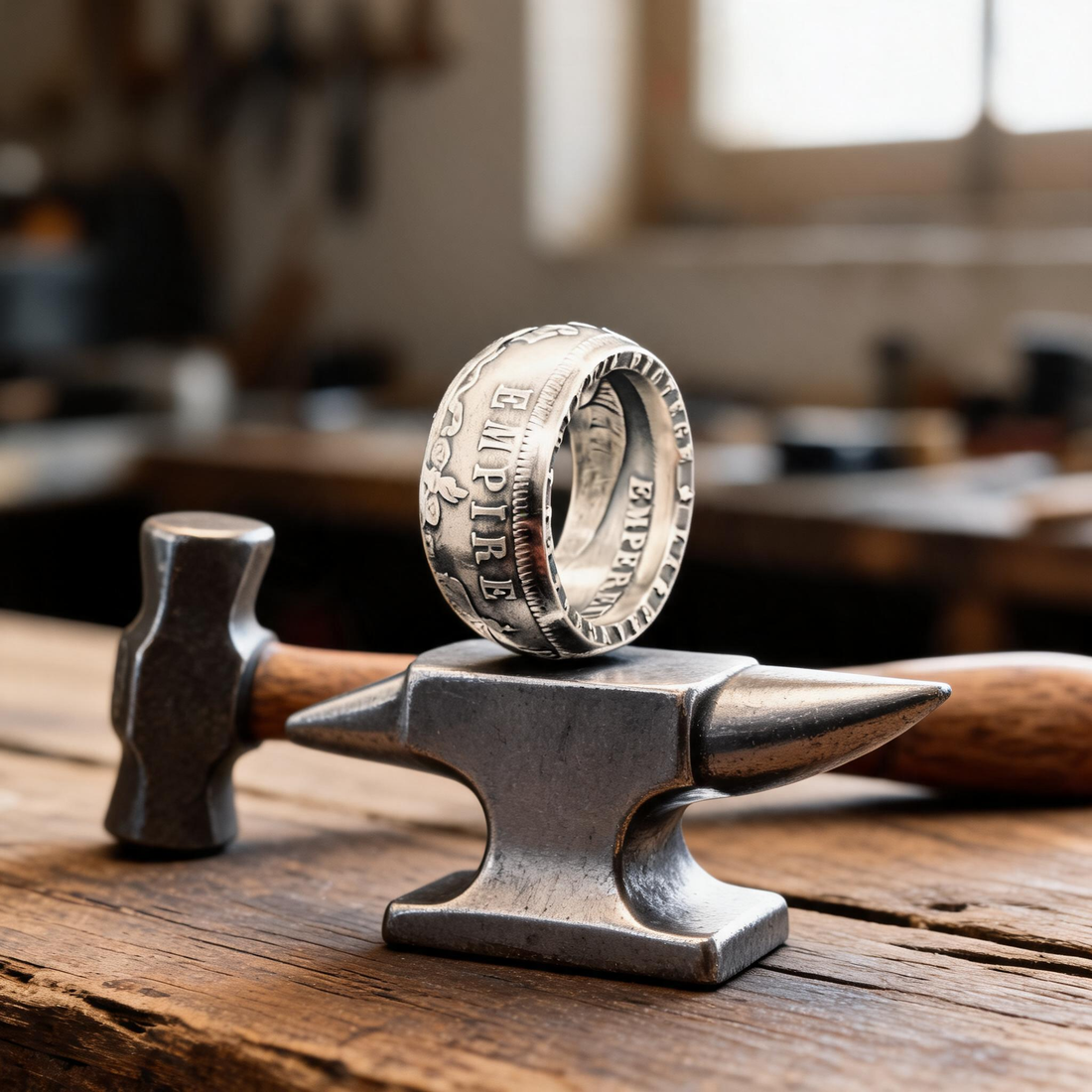 Bague La Napoléon en argent forgée d'un seul tenant sans soudure, posée sur une enclume de bijoutier, Moneta Créations
