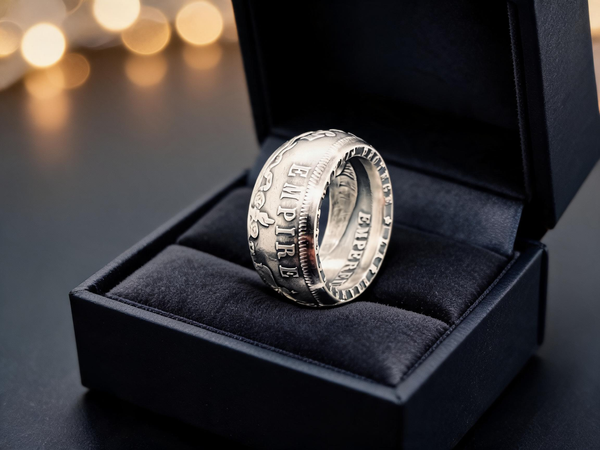 Bague pièce de monnaie présentée dans son écrin, idée de cadeau original pour la Fête des Pères, Moneta Créations