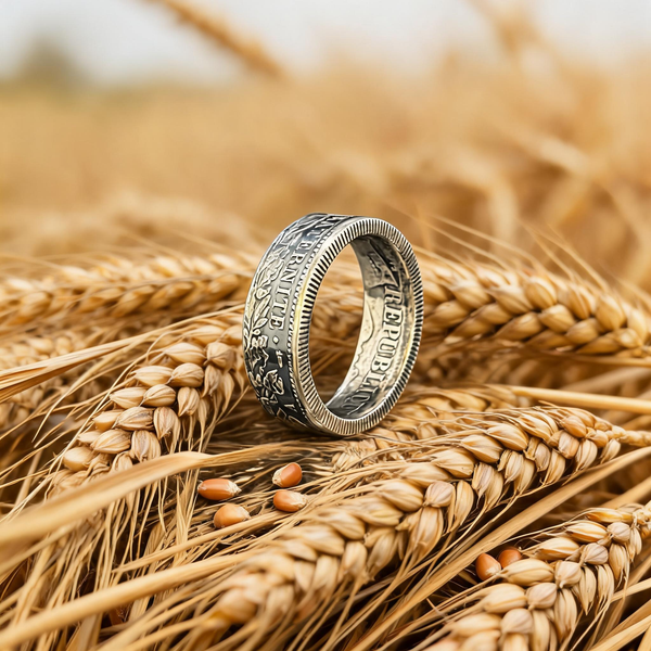 Bague La Cérès en argent posée sur des épis de blé doré, hommage à Cérès déesse des moissons, Moneta Créations