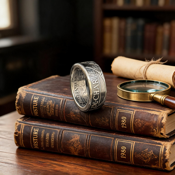 Bague Charlemagne en argent posée sur des livres anciens, cadeau pour un papa passionné d'Histoire, Moneta Créations