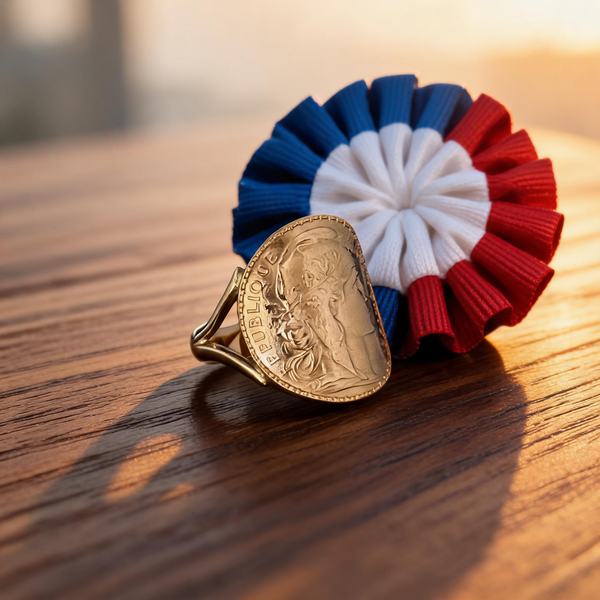 Chevalière Coq Français en or massif née d'une pièce 20 francs Coq, posée près d'une cocarde tricolore dans la lumière de l'aube, Moneta Créations