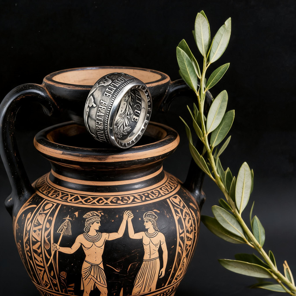 Bague La Hercule en argent posée près d'une amphore grecque antique et d'un rameau de laurier, symbole du demi-dieu de la force, Moneta Créations