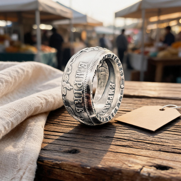 Bague La Napoléon en argent de Moneta Créations posée sur un étal en bois de marché breton, clin d'œil aux débuts de l'atelier sur les marchés de Bretagne