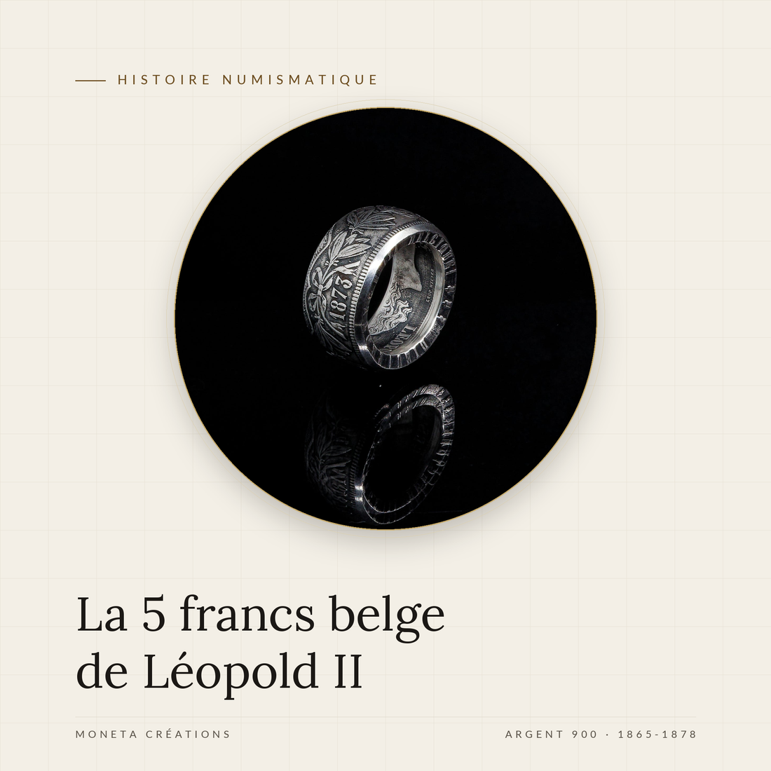 Bague La Leopold en argent, forgée dans une pièce belge de 5 francs Léopold II, Moneta Créations