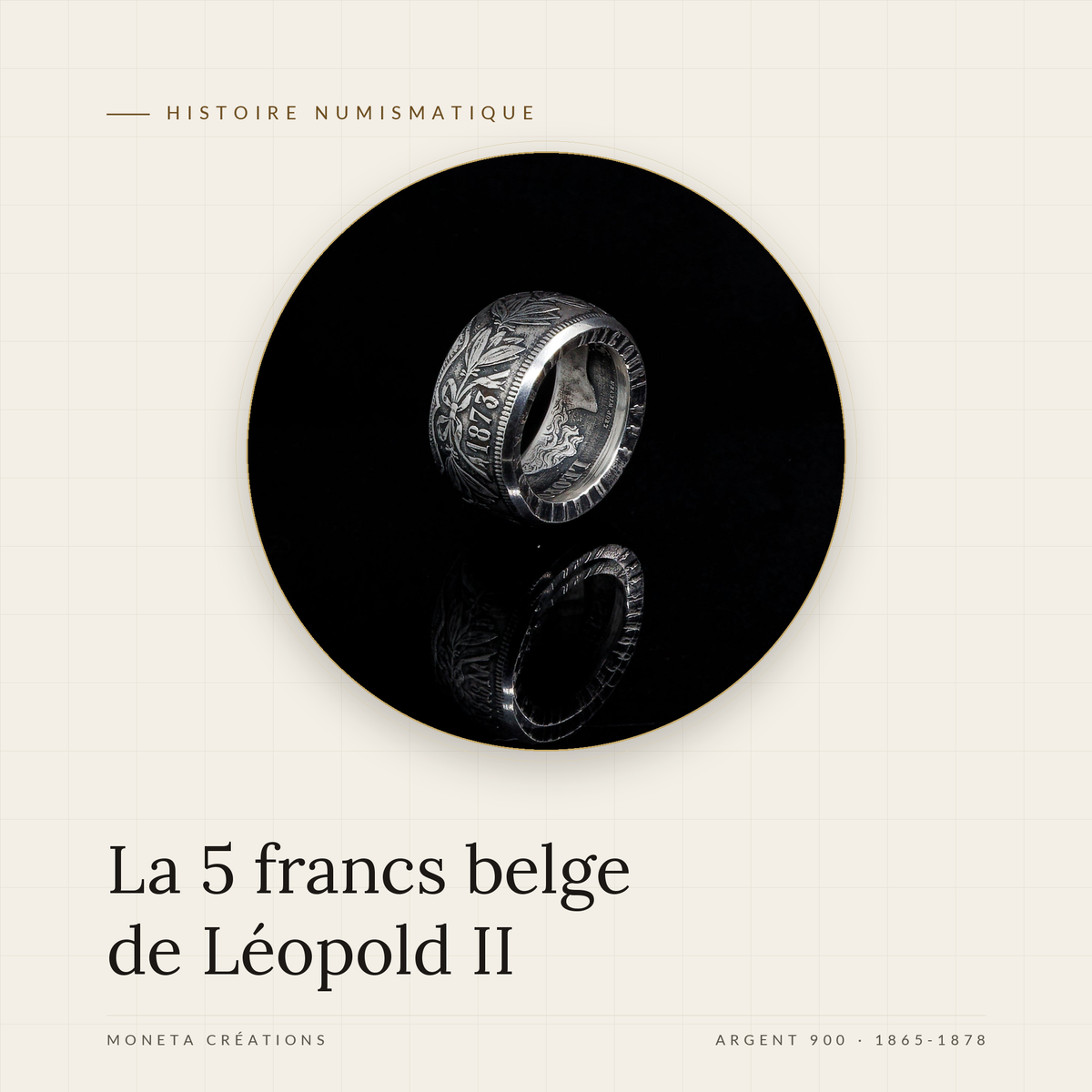 Bague La Leopold en argent, forgée dans une pièce belge de 5 francs Léopold II, Moneta Créations
