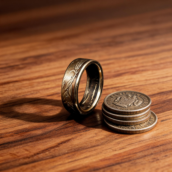 Bague La Marianne en cuivre à la teinte dorée chaude, posée près d'anciennes pièces de monnaie françaises, Moneta Créations