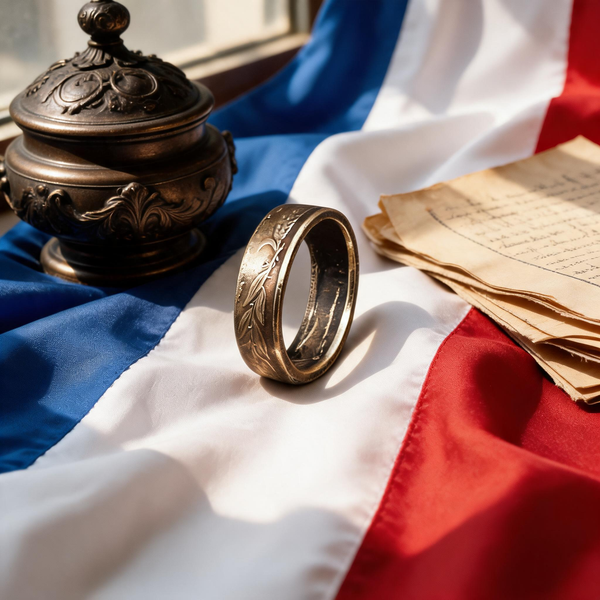 Bague La Marianne en cuivre posée sur un drapeau tricolore, symbole de la République française, Moneta Créations