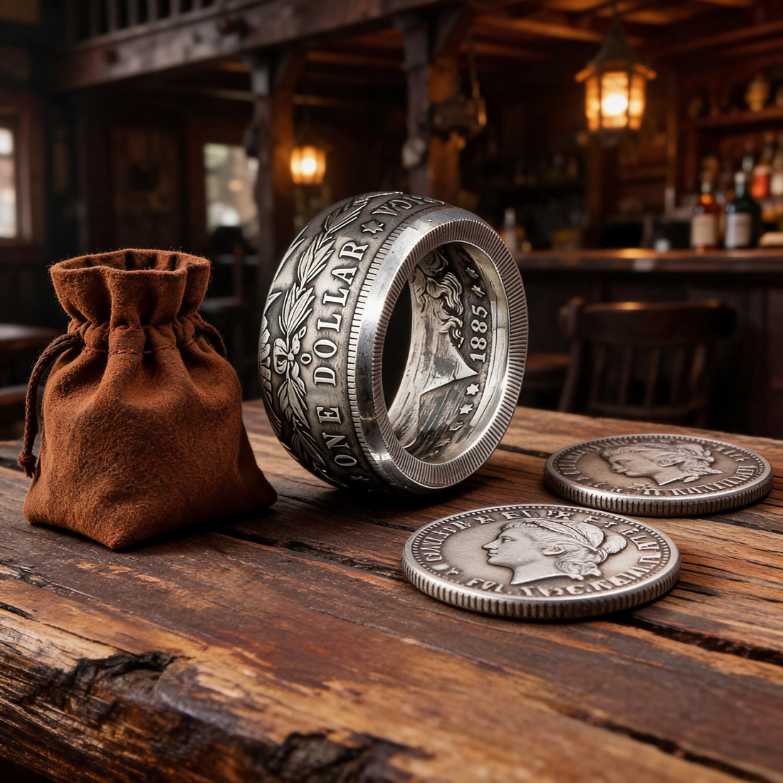 Bague Morgan Dollar en argent forgée dans un dollar américain du XIXe siècle, posée sur une table en bois d'esprit saloon, Moneta Créations