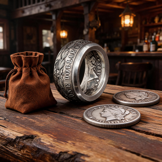 Bague Morgan Dollar en argent forgée dans un dollar américain du XIXe siècle, posée sur une table en bois d'esprit saloon, Moneta Créations