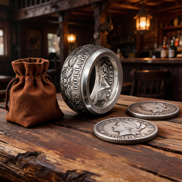 Bague Morgan Dollar en argent forgée dans un dollar américain du XIXe siècle, posée sur une table en bois d'esprit saloon, Moneta Créations