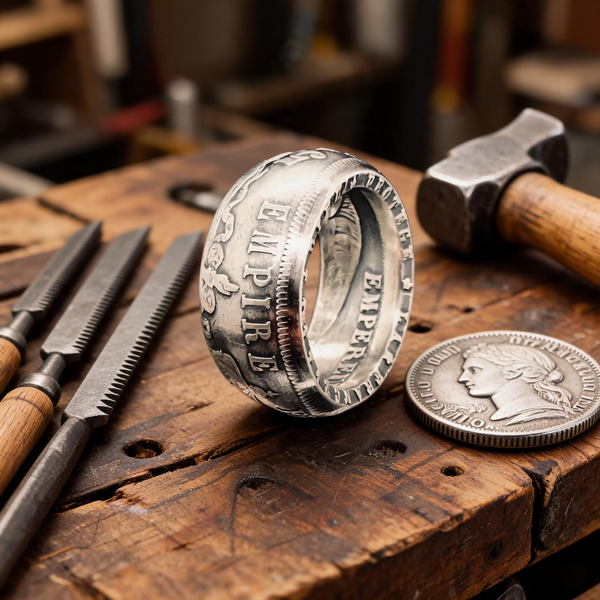 Bague La Napoléon en argent sur l'établi de l'atelier Moneta, fabrication artisanale d'une bague en pièce de monnaie
