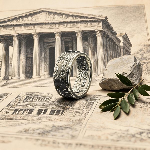 Bague La Panthéon en argent née d'une pièce 100 francs Panthéon, posée sur une gravure d'architecture ancienne, Moneta Créations