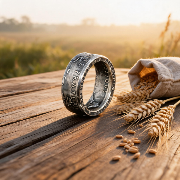 Bague Semeuse en argent forgée dans une pièce 5 Francs, motif de la Semeuse d'Oscar Roty, Moneta Créations