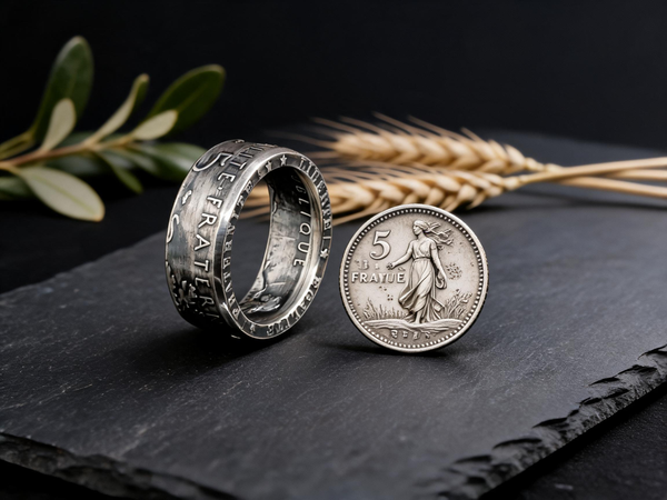 Bague Semeuse en argent forgée à partir d'une pièce 5 Francs, motif d'Oscar Roty, Moneta Créations
