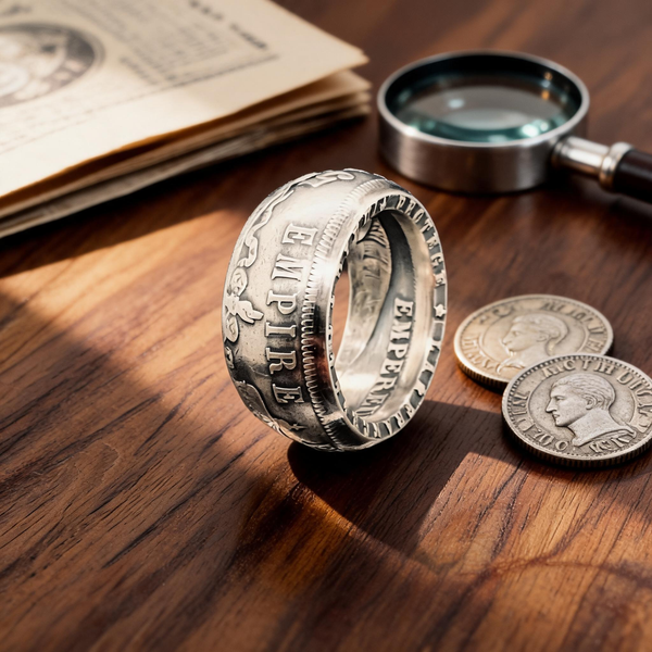 Bague La Napoléon en argent posée près d'une loupe d'horloger sur un bureau de noyer, pour déchiffrer les symboles cachés des pièces de monnaie françaises, Moneta Créations